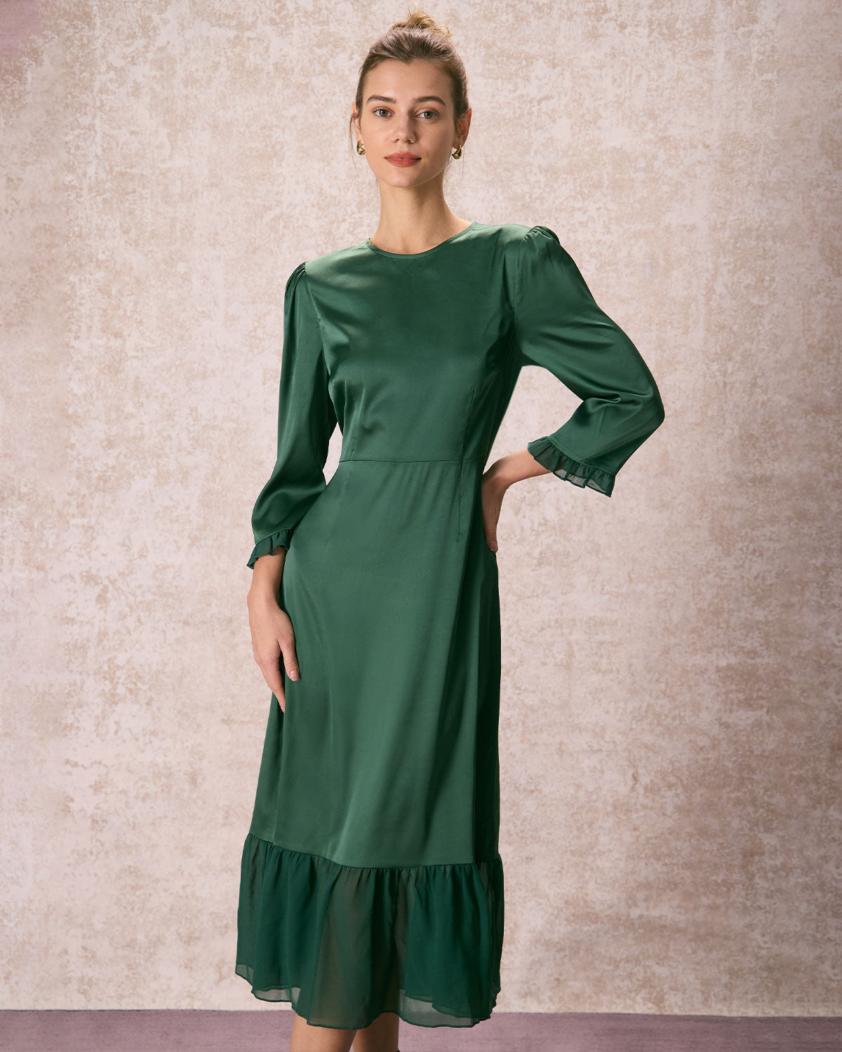 Belltoile™ Yeşil Büzgülü Fırfırlı Şair Kol Midi Elbise