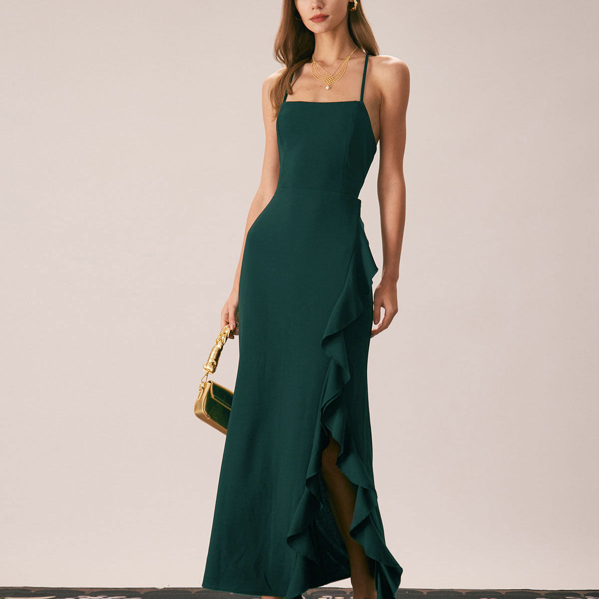 Belltoile™ Yeşil Fırfırlı Çapraz Askılı Maxi Elbise