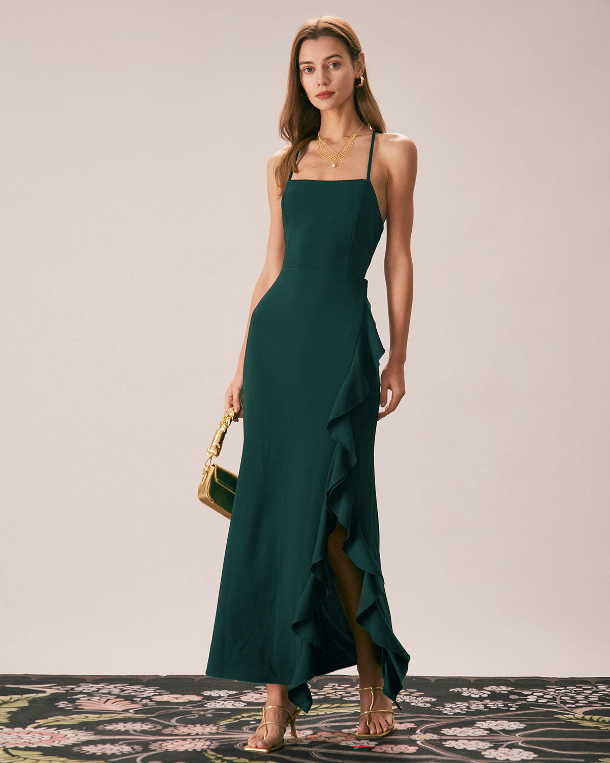 Belltoile™ Yeşil Fırfırlı Çapraz Askılı Maxi Elbise