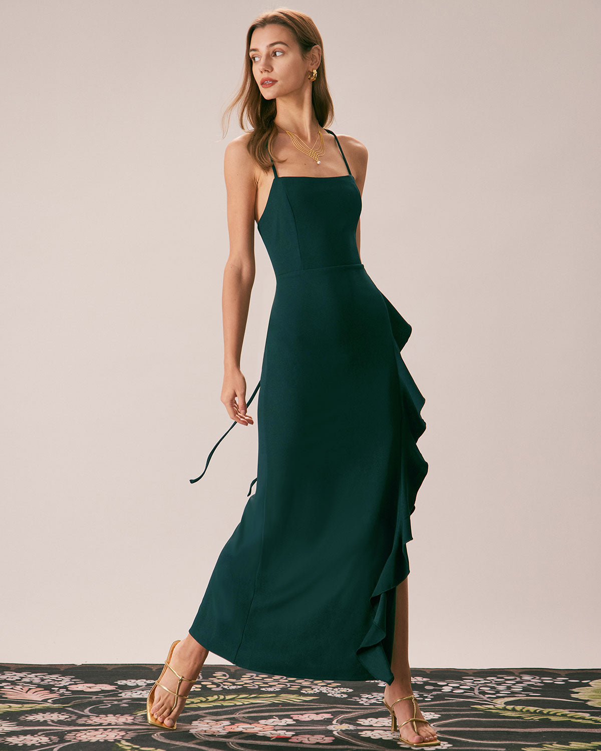 Belltoile™ Yeşil Fırfırlı Çapraz Askılı Maxi Elbise