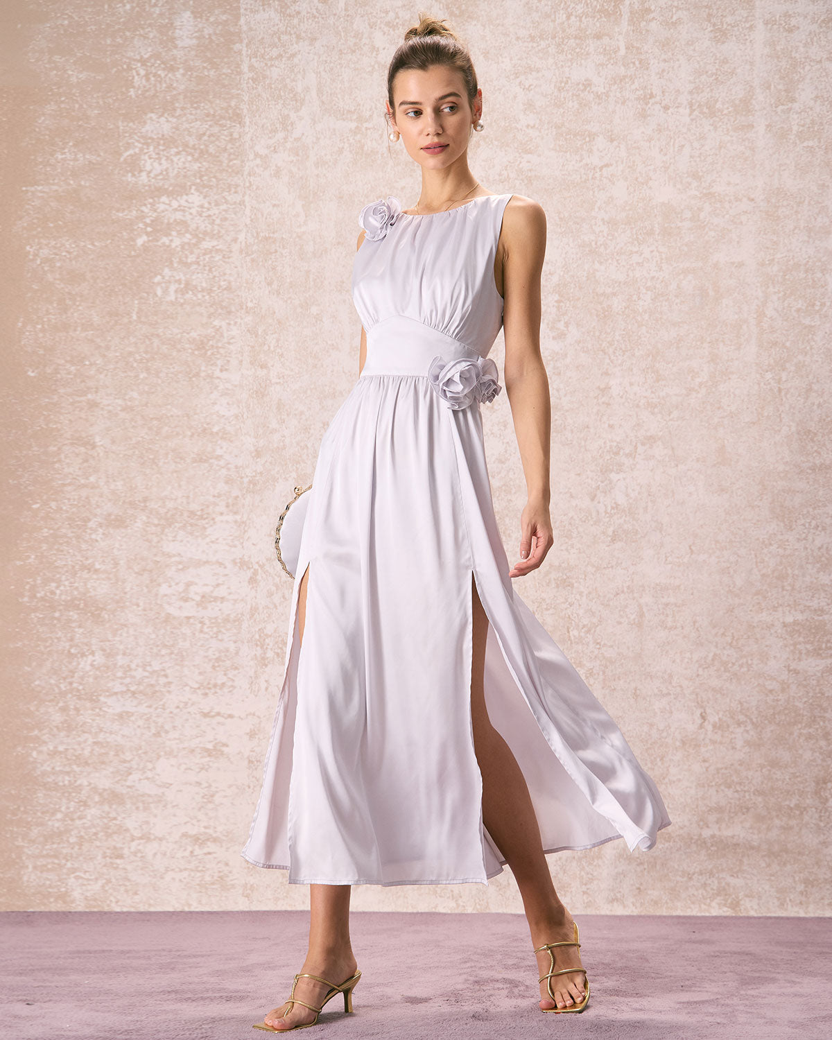Belltoile™ Gümüş Kayık Yaka Çiçekli Saten Maxi Elbise