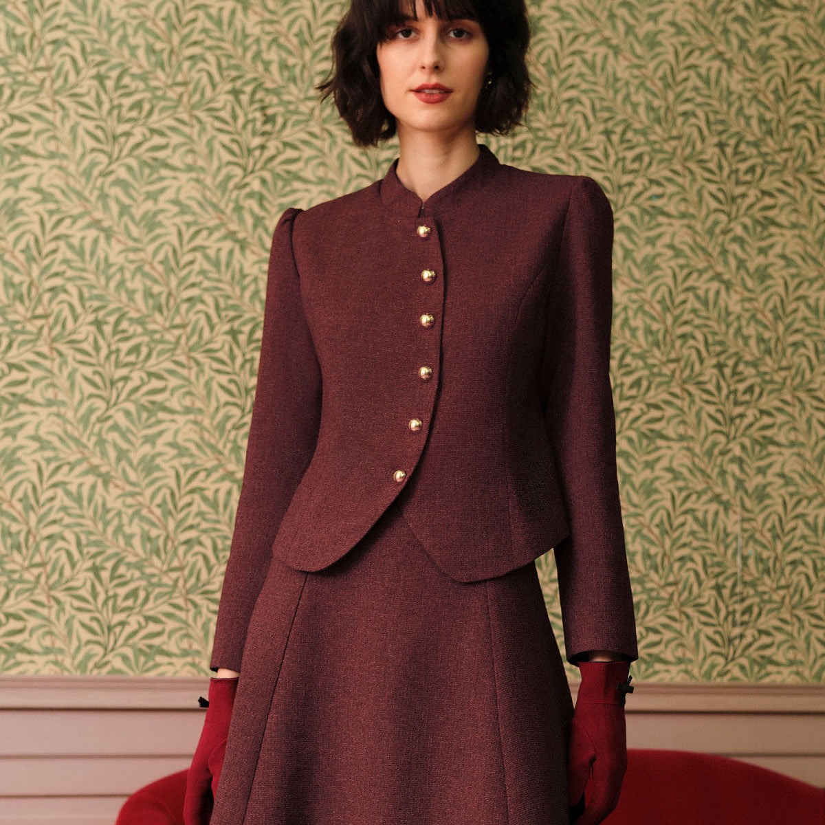 Belltoile™ Bordo Retro Tek Sıra Düğmeli Tüvit Ceket