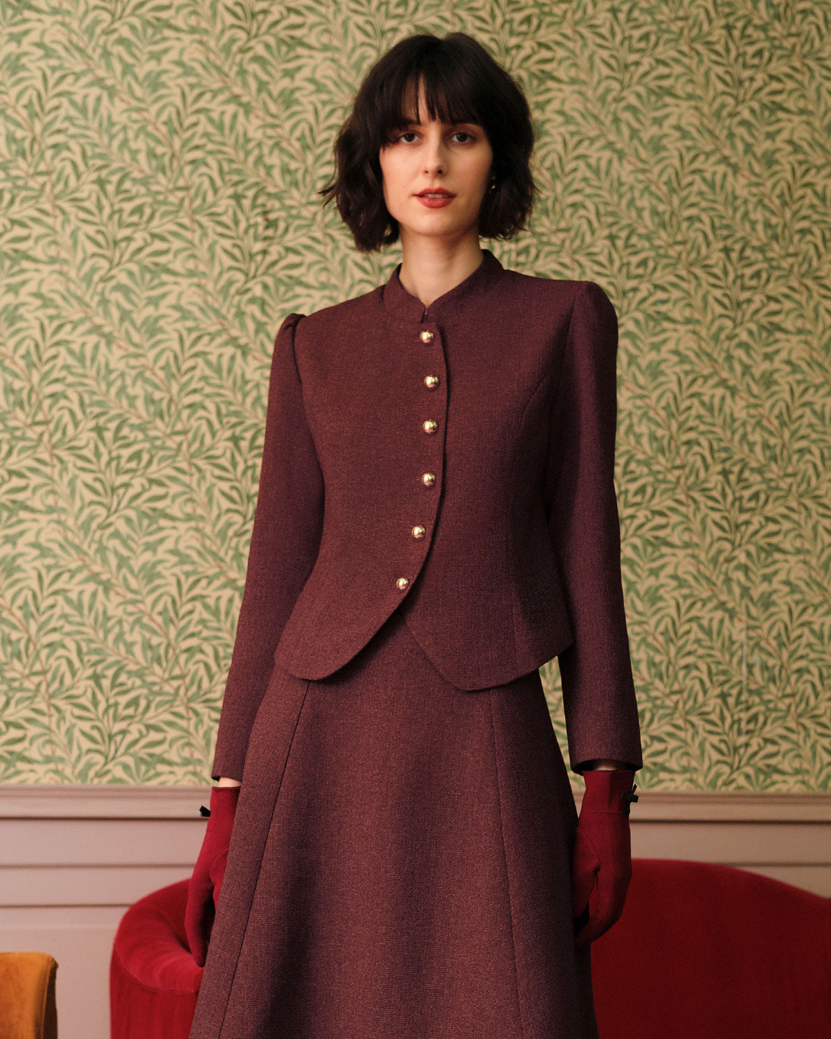 Belltoile™ Bordo Retro Tek Sıra Düğmeli Tüvit Ceket