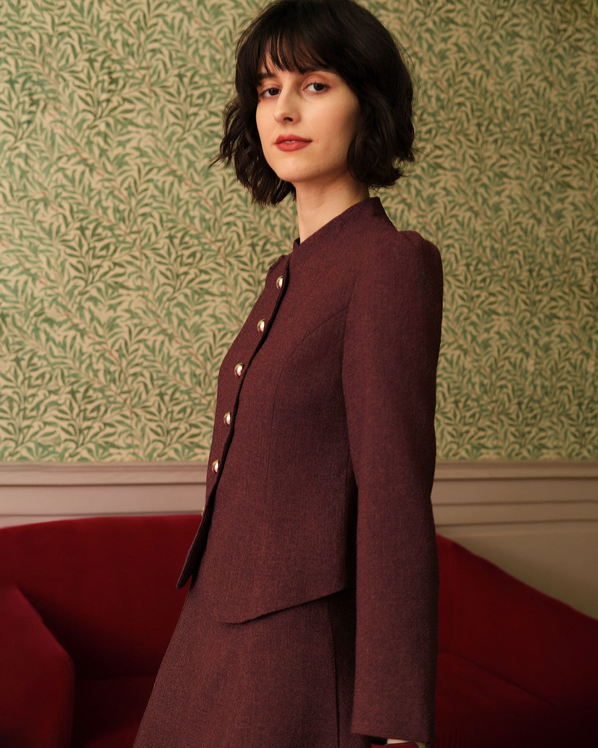 Belltoile™ Bordo Retro Tek Sıra Düğmeli Tüvit Ceket