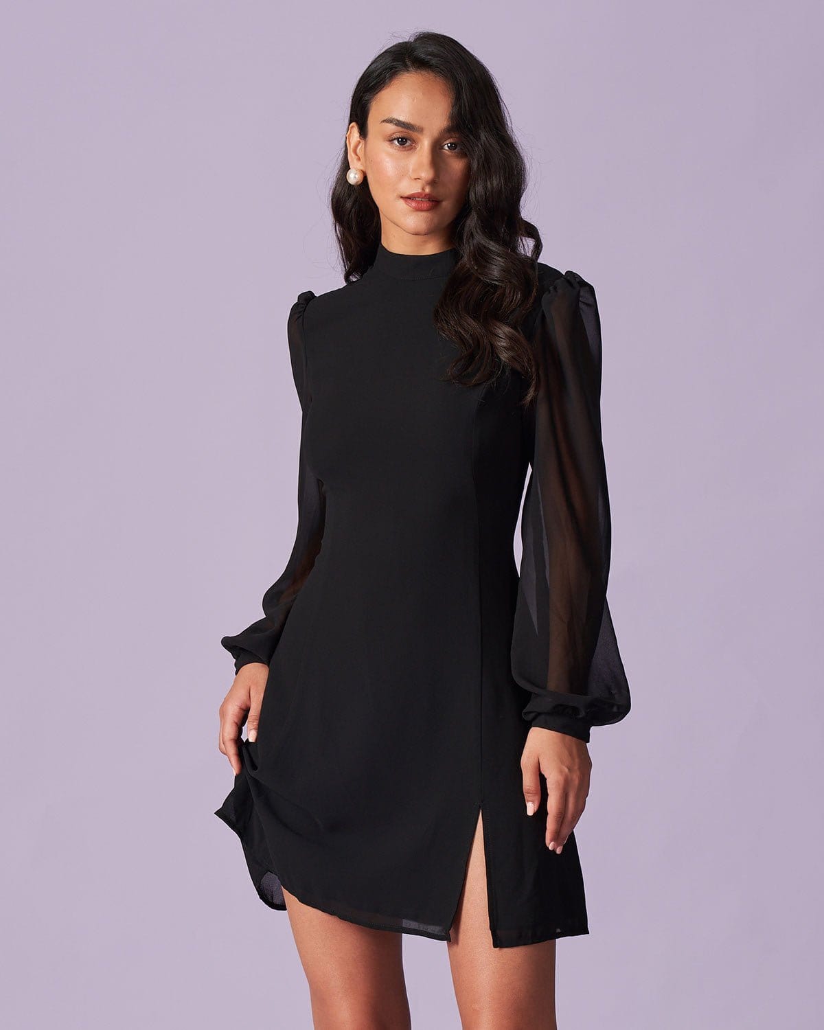 Belltoile™ Siyah Dik Yaka Transparan Yırtmaçlı Mini Elbise