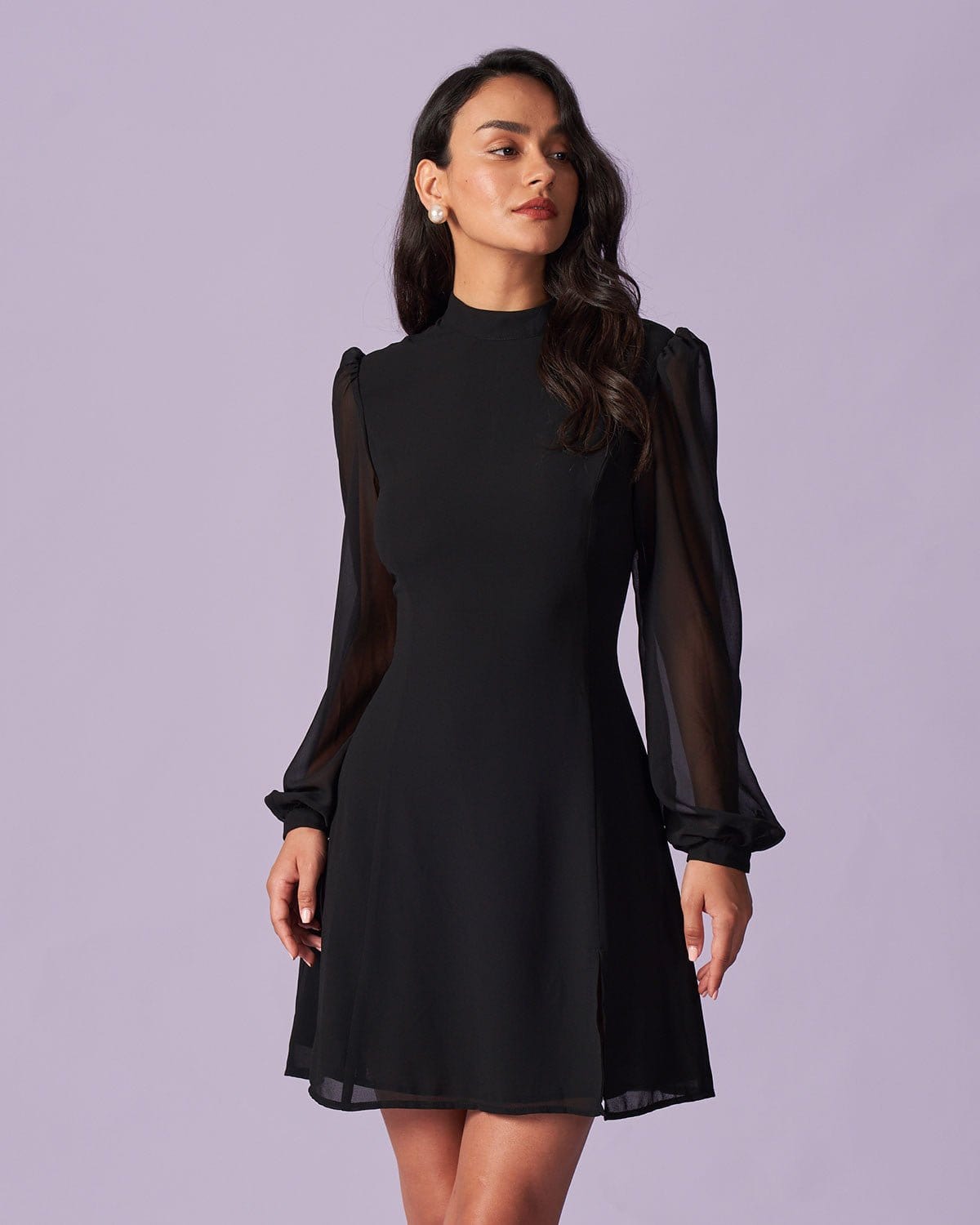 Belltoile™ Siyah Dik Yaka Transparan Yırtmaçlı Mini Elbise