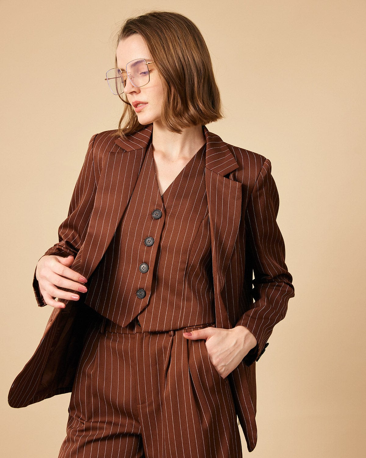 Belltoile™ Kahverengi Çizgili Tek Düğme Yakalı Blazer