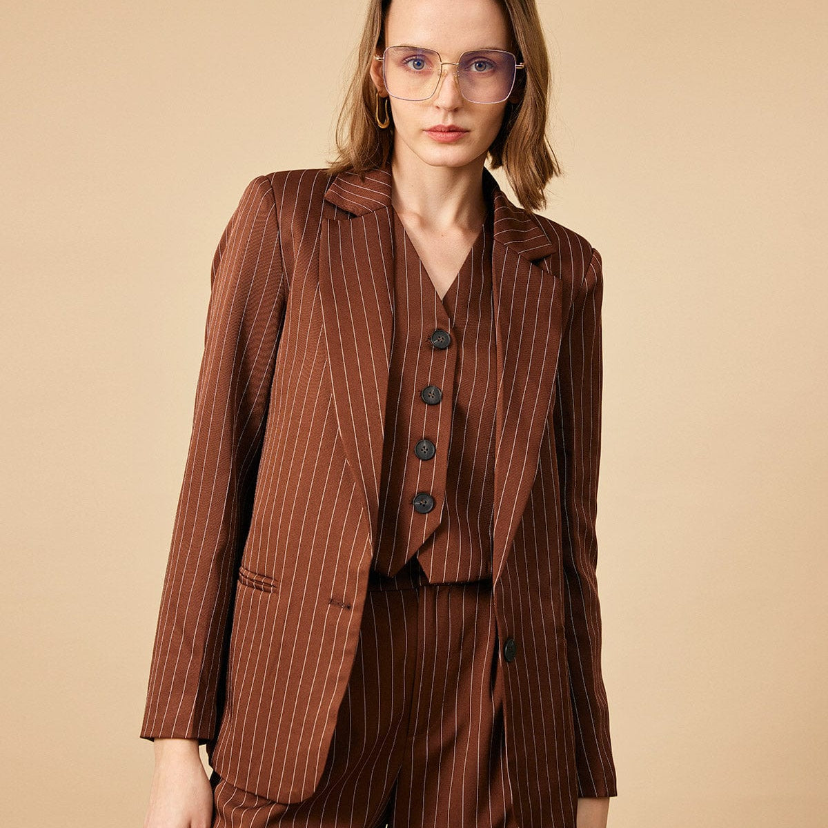 Belltoile™ Kahverengi Çizgili Tek Düğme Yakalı Blazer