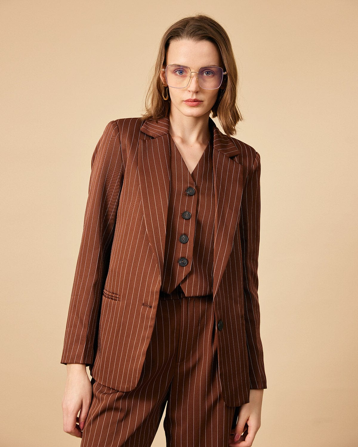 Belltoile™ Kahverengi Çizgili Tek Düğme Yakalı Blazer