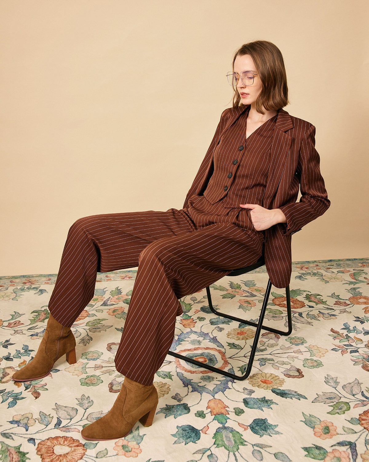 Belltoile™ Kahverengi Çizgili Tek Düğme Yakalı Blazer