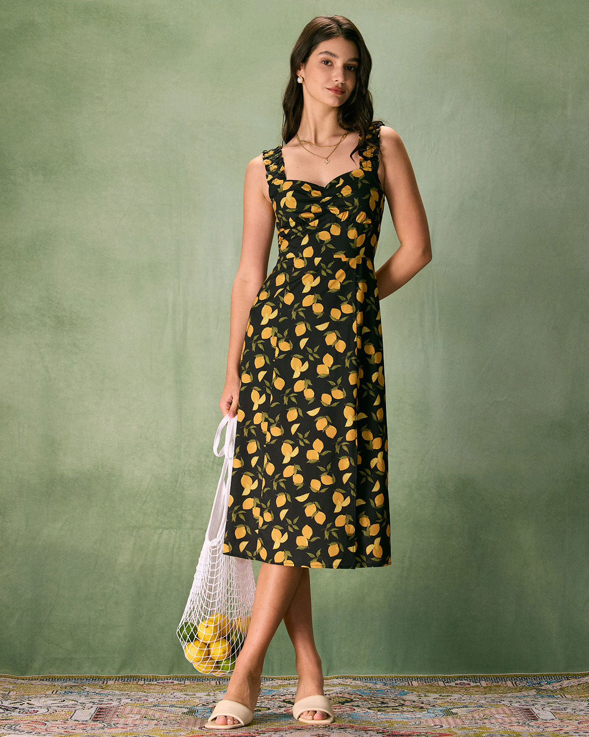 Belltoile™ Siyah Kalp Yaka Limon Midi Elbise