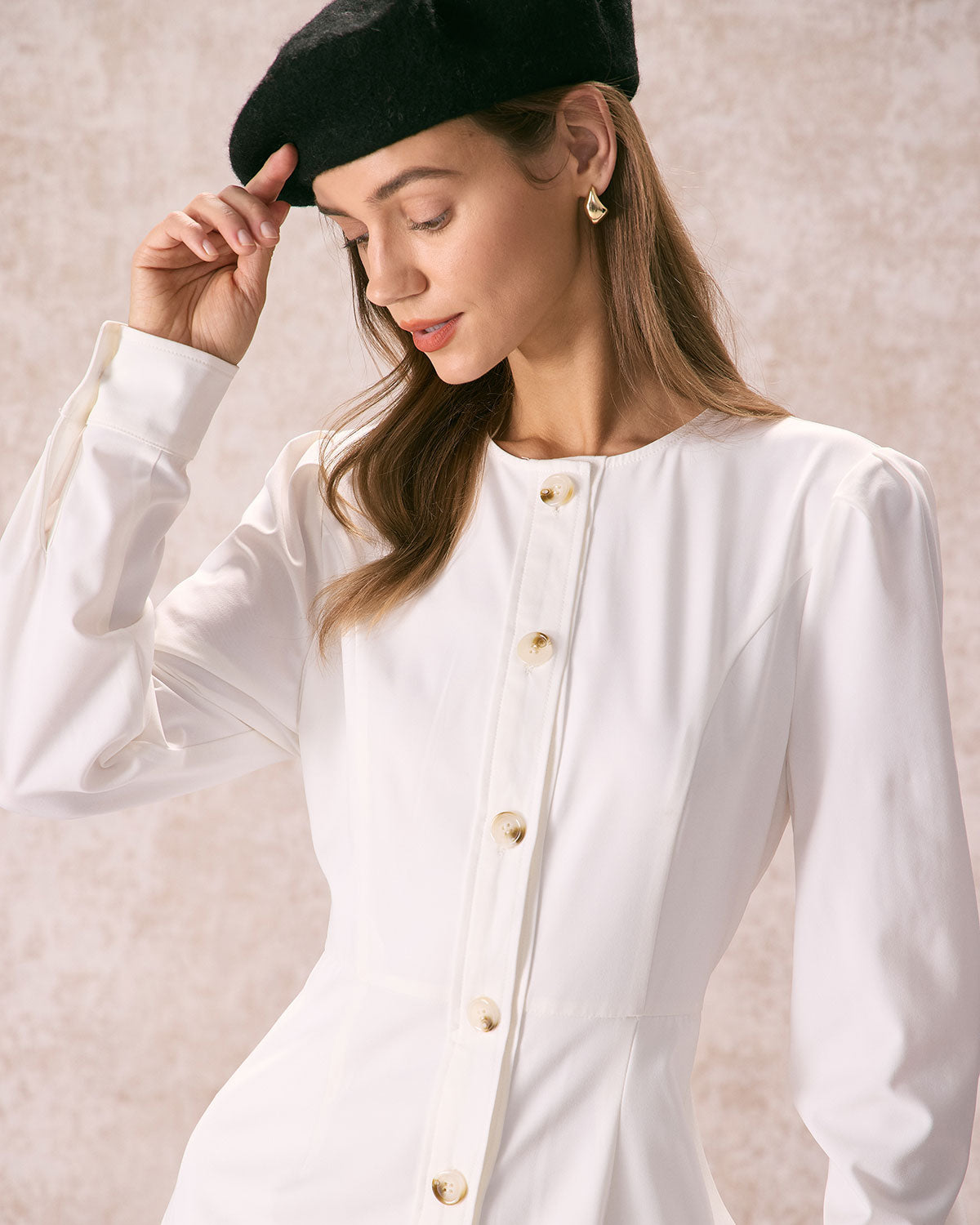 Belltoile™ Beyaz Yuvarlak Yaka Düğmeli Mini Elbise