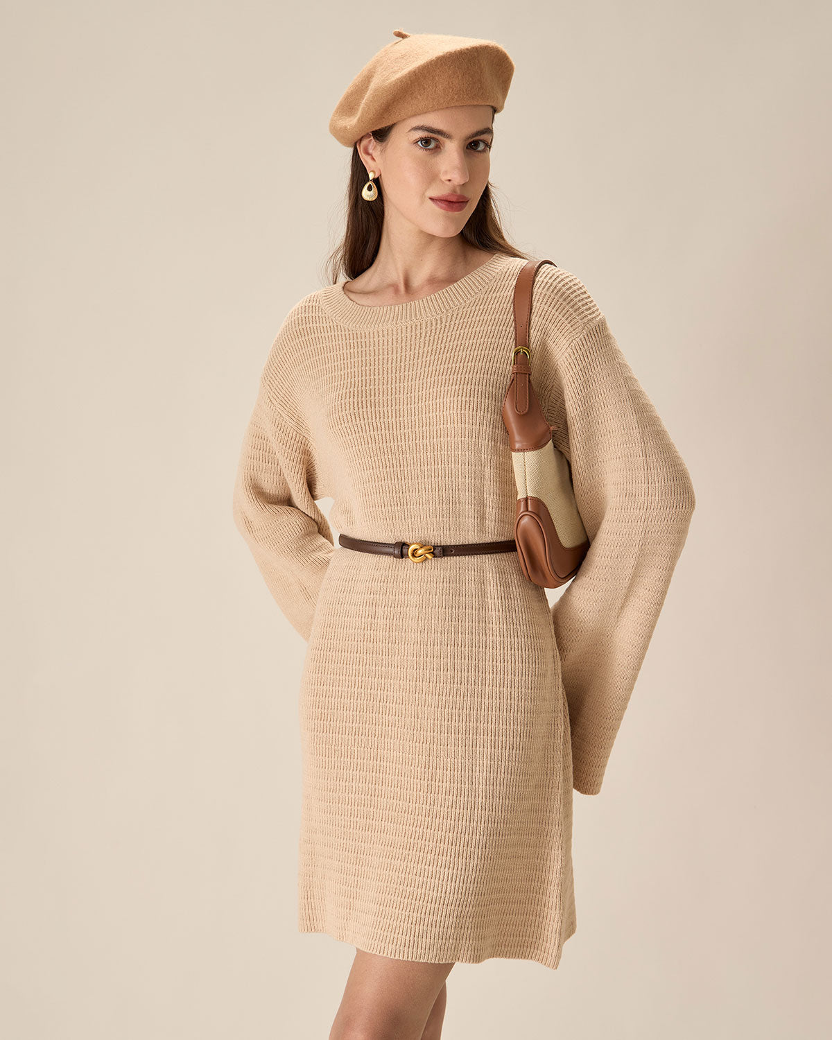 Belltoile™ Bej Damla Omuz Triko Mini Elbise