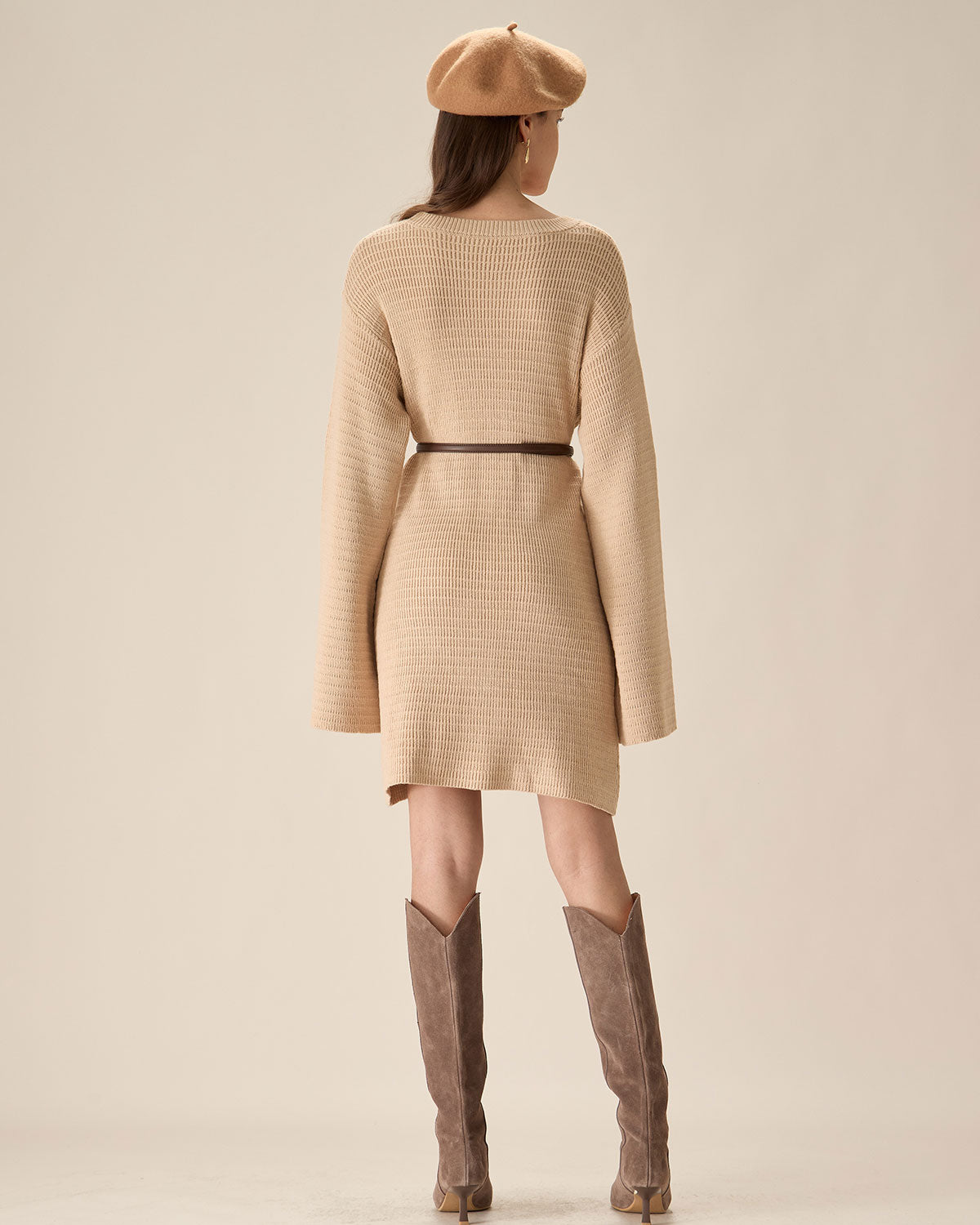 Belltoile™ Bej Damla Omuz Triko Mini Elbise