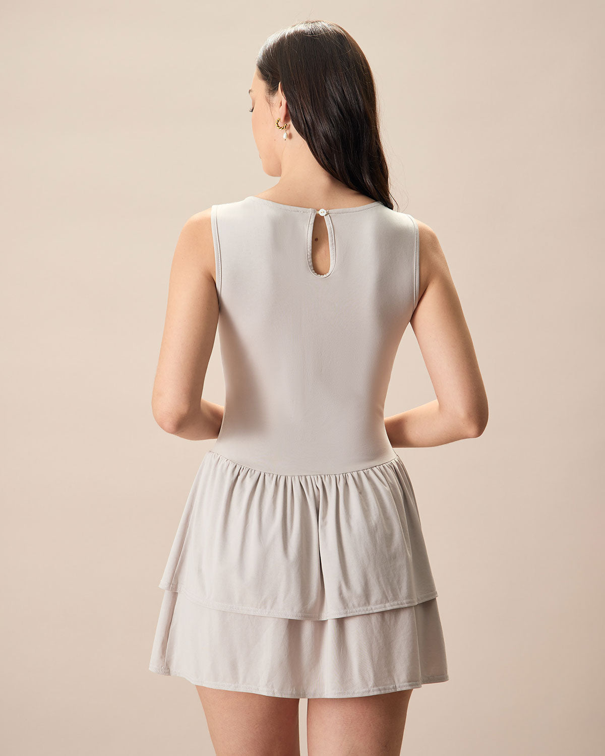 Belltoile™ Kadın Gri Bisiklet Yaka Fırfırlı Katlı Pamuklu Mini Elbise