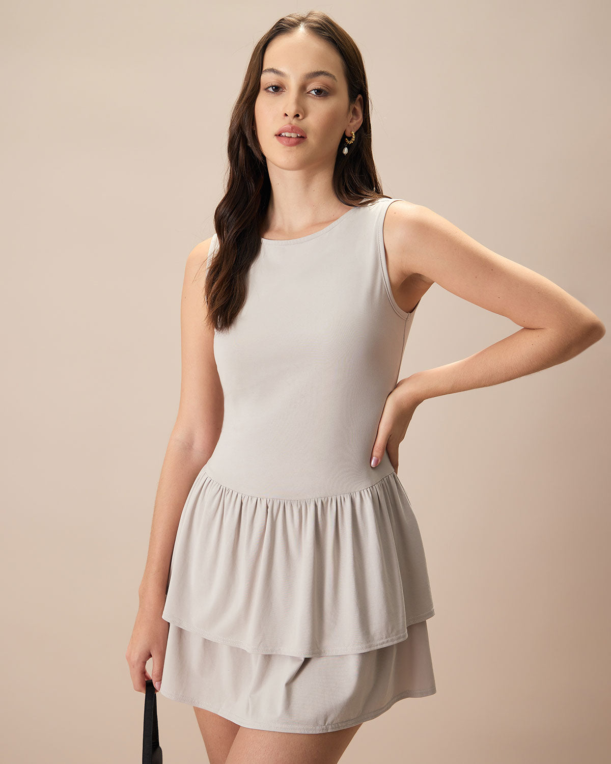 Belltoile™ Kadın Gri Bisiklet Yaka Fırfırlı Katlı Pamuklu Mini Elbise