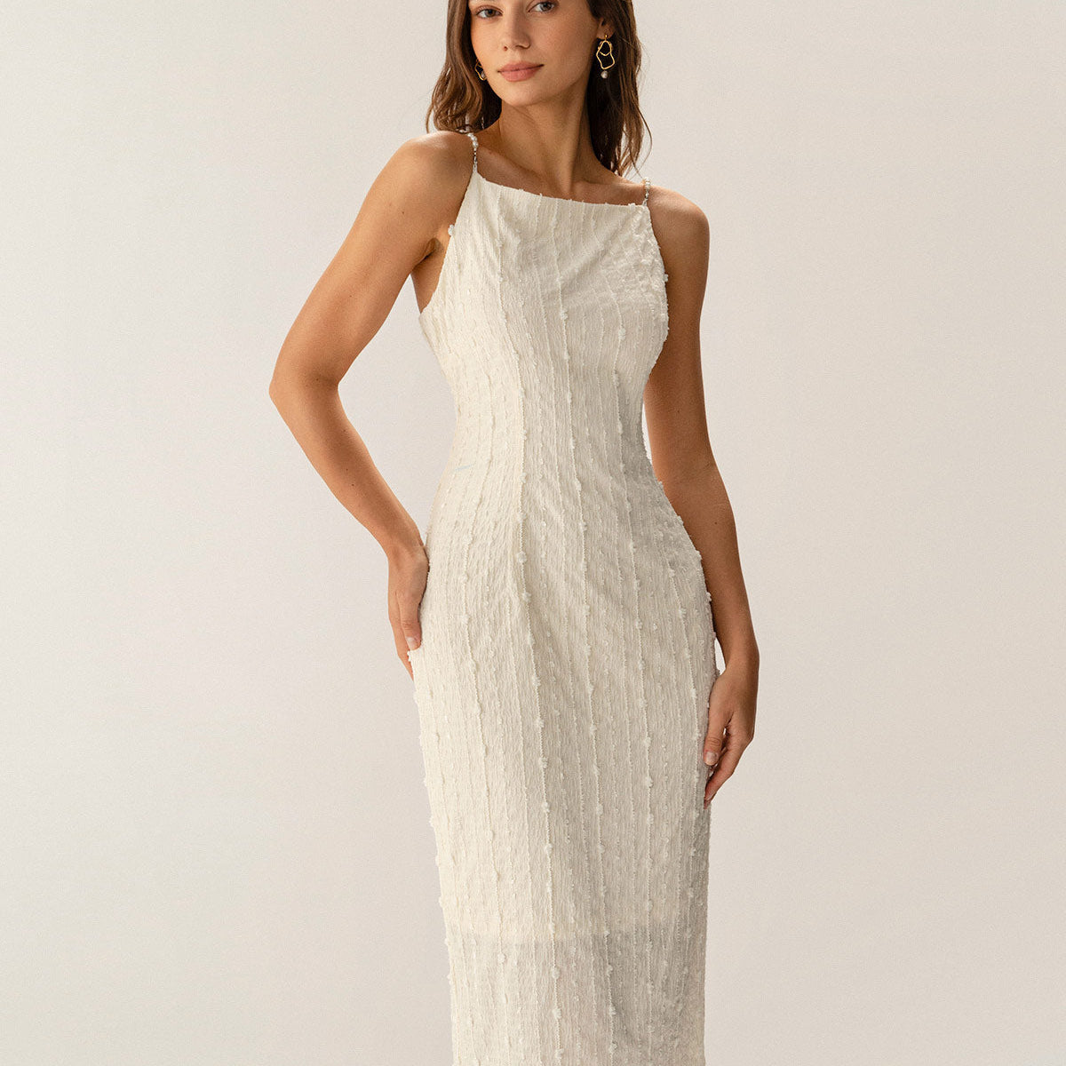 Belltoile Bej Dokulu Boncuklu Slip Midi Elbise