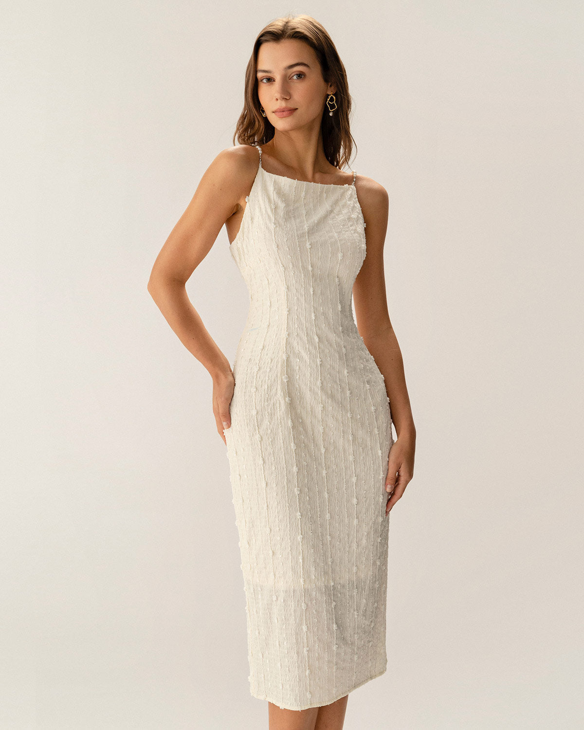 Belltoile Bej Dokulu Boncuklu Slip Midi Elbise