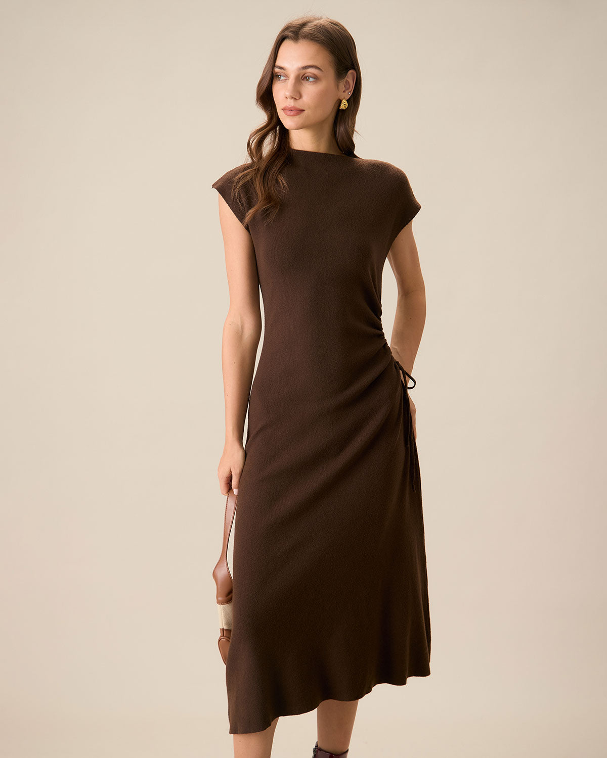 Belltoile™ Kadın Kahve Bodycon Çift Taraflı Triko Elbise