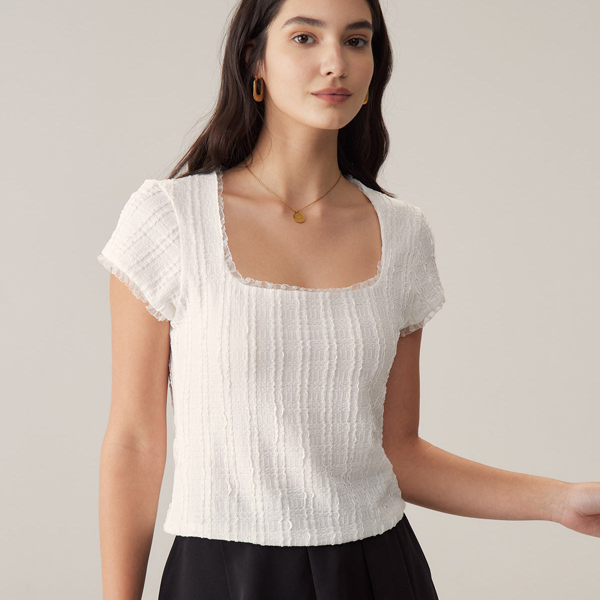 Belltoile™ Beyaz Kare Yaka Örgü Slim Tişört