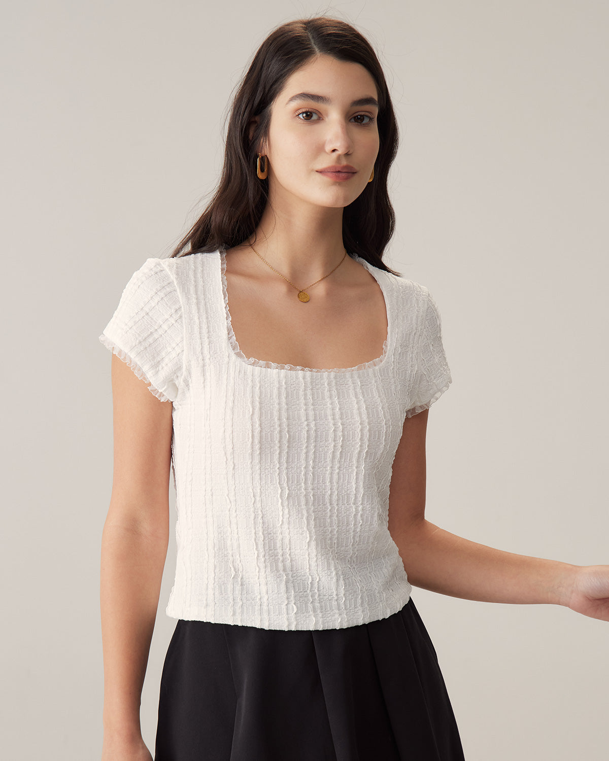 Belltoile™ Beyaz Kare Yaka Örgü Slim Tişört