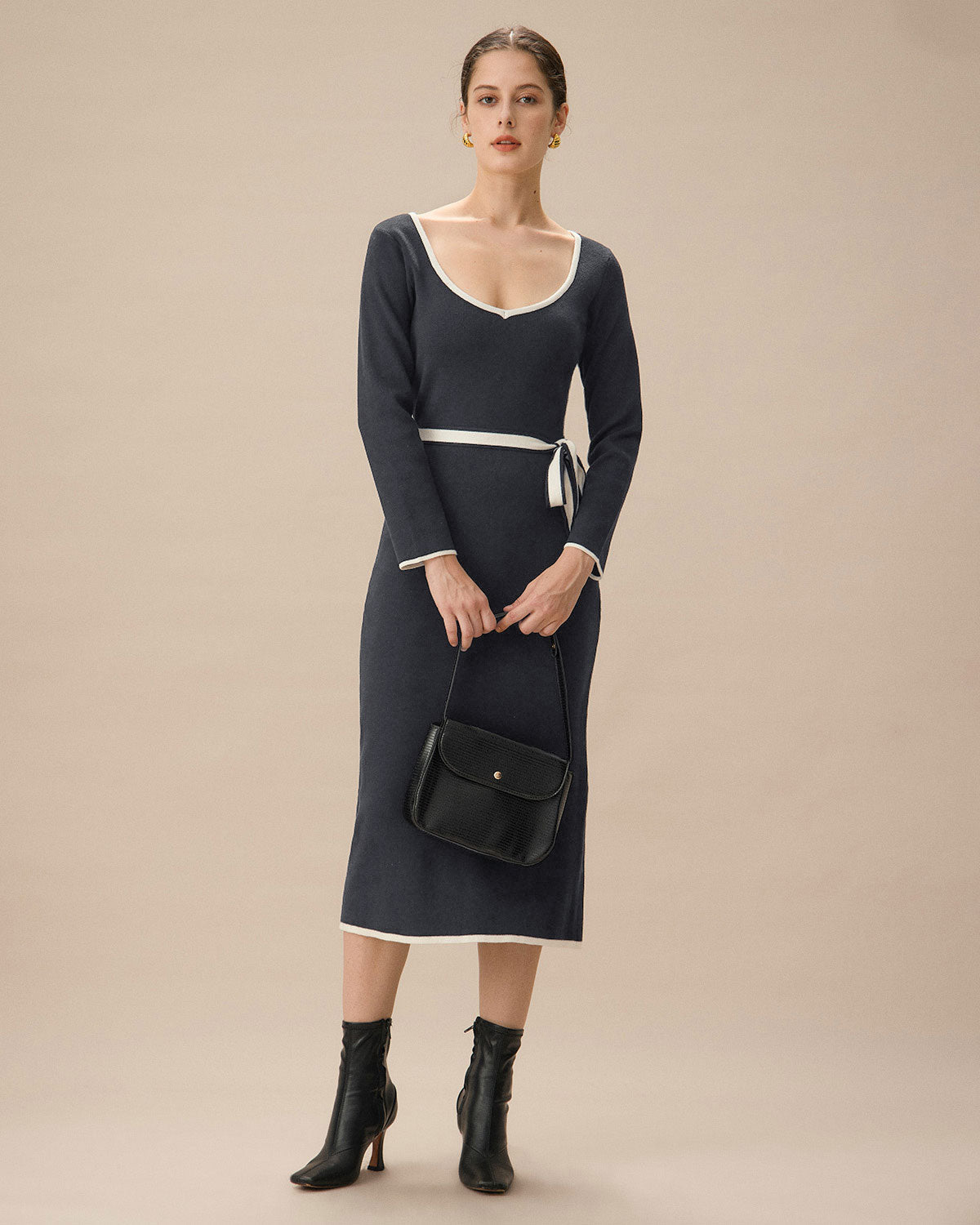 Belltoile™ Gri Kontrast Kravatlı Bodycon Kazak Elbise
