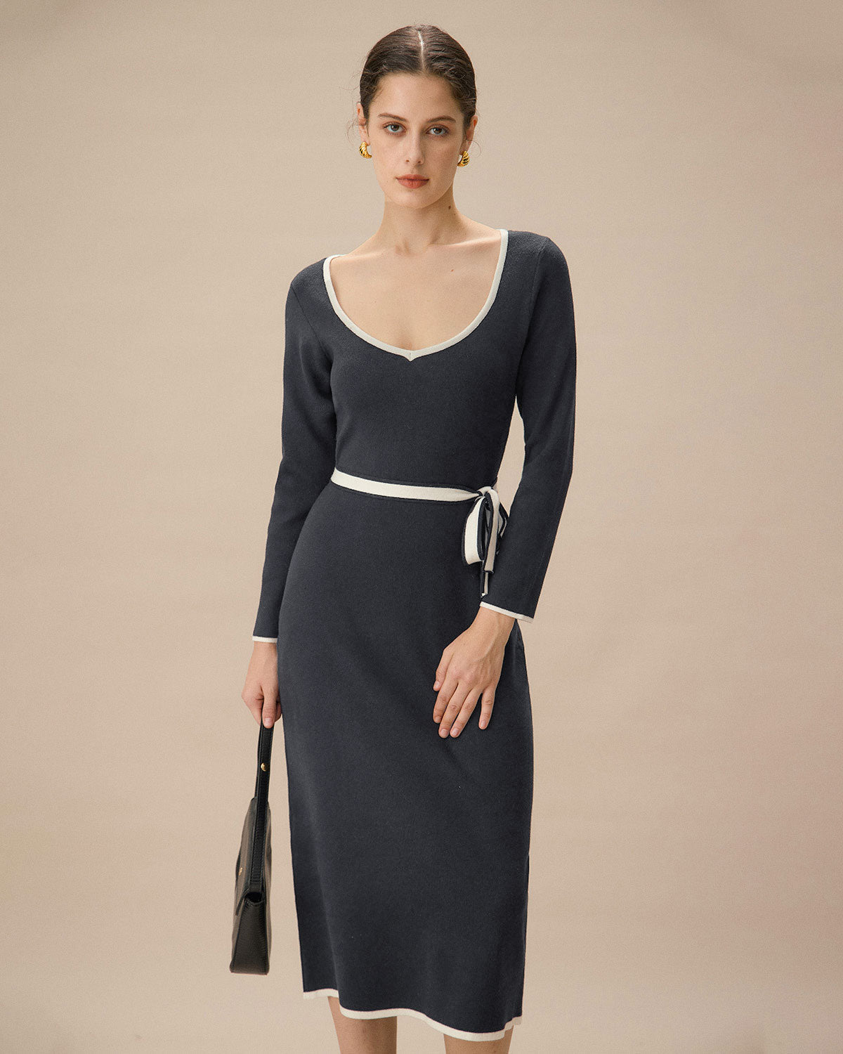 Belltoile™ Gri Kontrast Kravatlı Bodycon Kazak Elbise