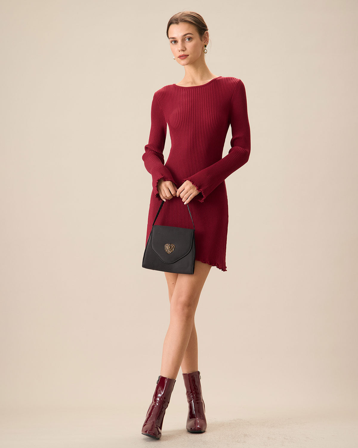 Belltoile™ Kadın Kırmızı Zil Kol Bodycon Kazak Elbise