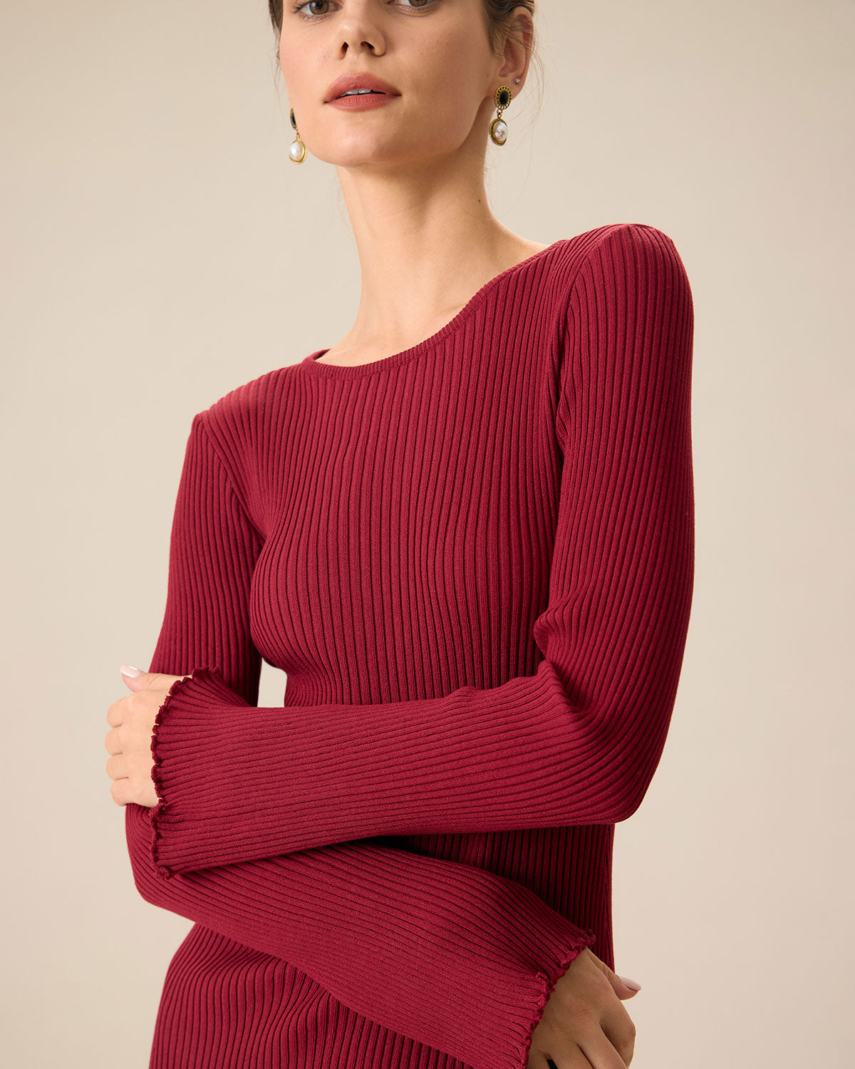Belltoile™ Kadın Kırmızı Zil Kol Bodycon Kazak Elbise