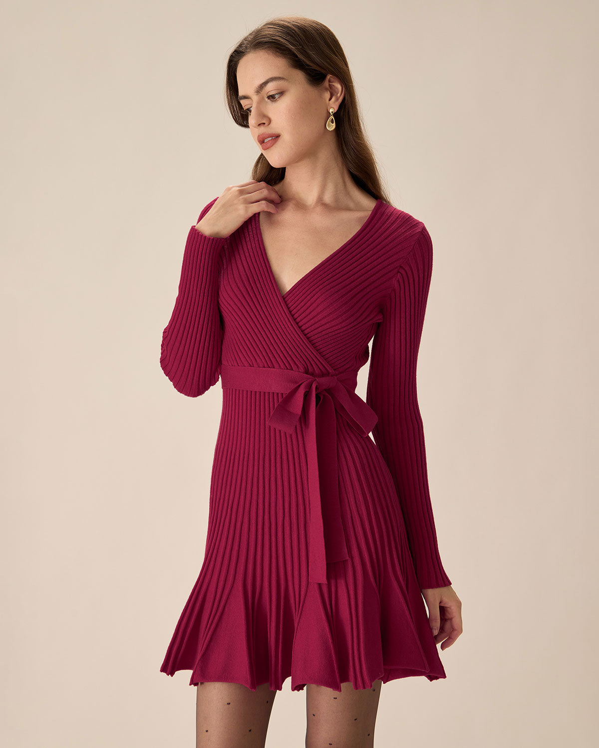 Belltoile™ Şarap Kırmızısı Anvelop Triko Mini Elbise