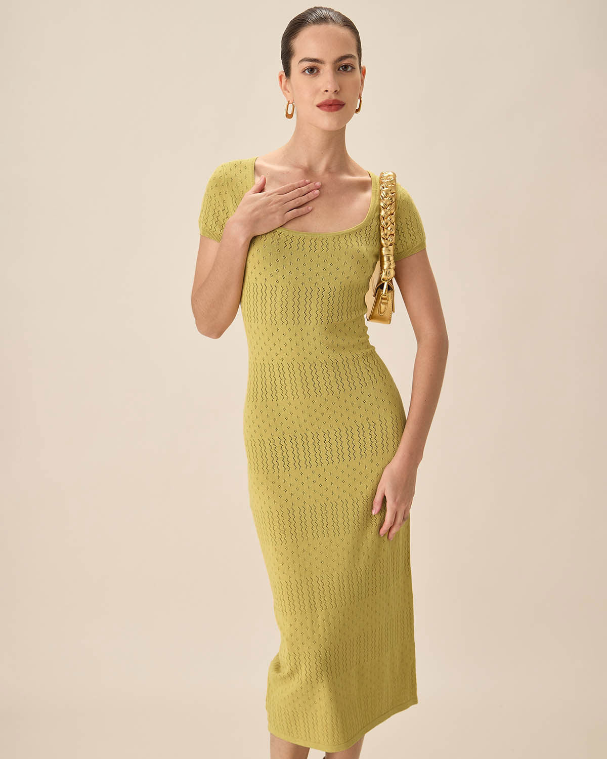 Belltoile™ Yeşil Kare Yaka Bodycon Midi Elbise