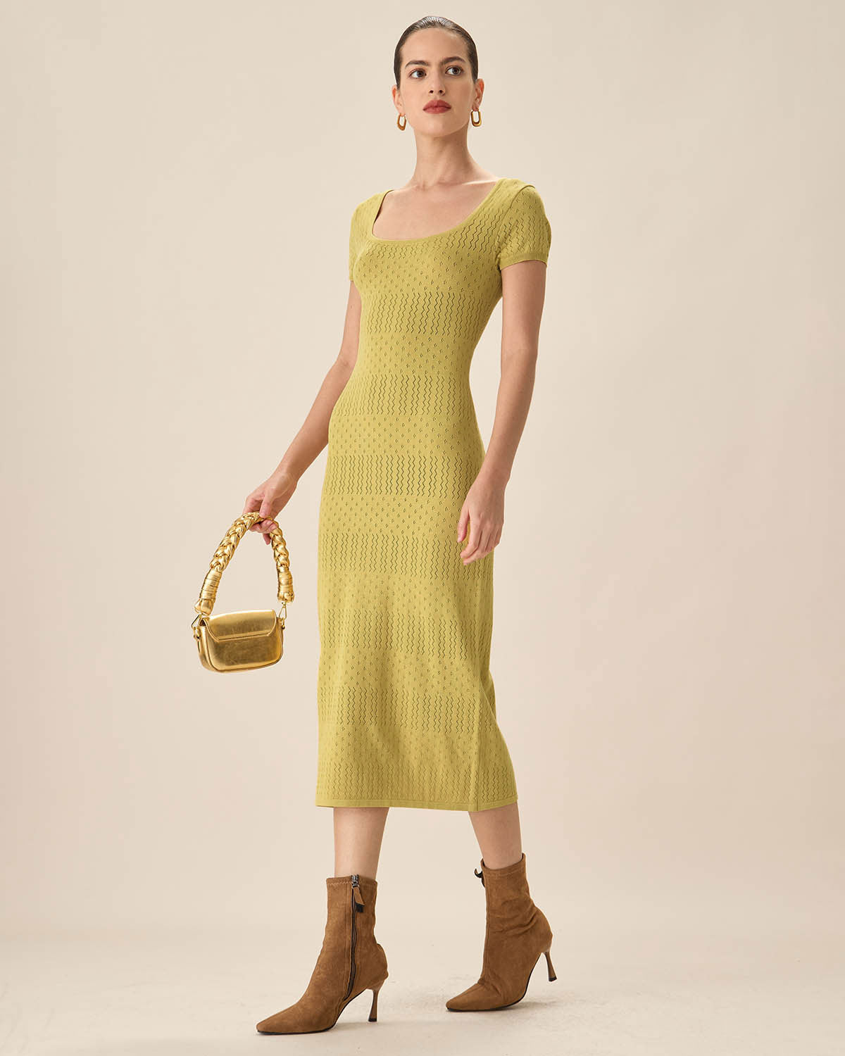 Belltoile™ Yeşil Kare Yaka Bodycon Midi Elbise