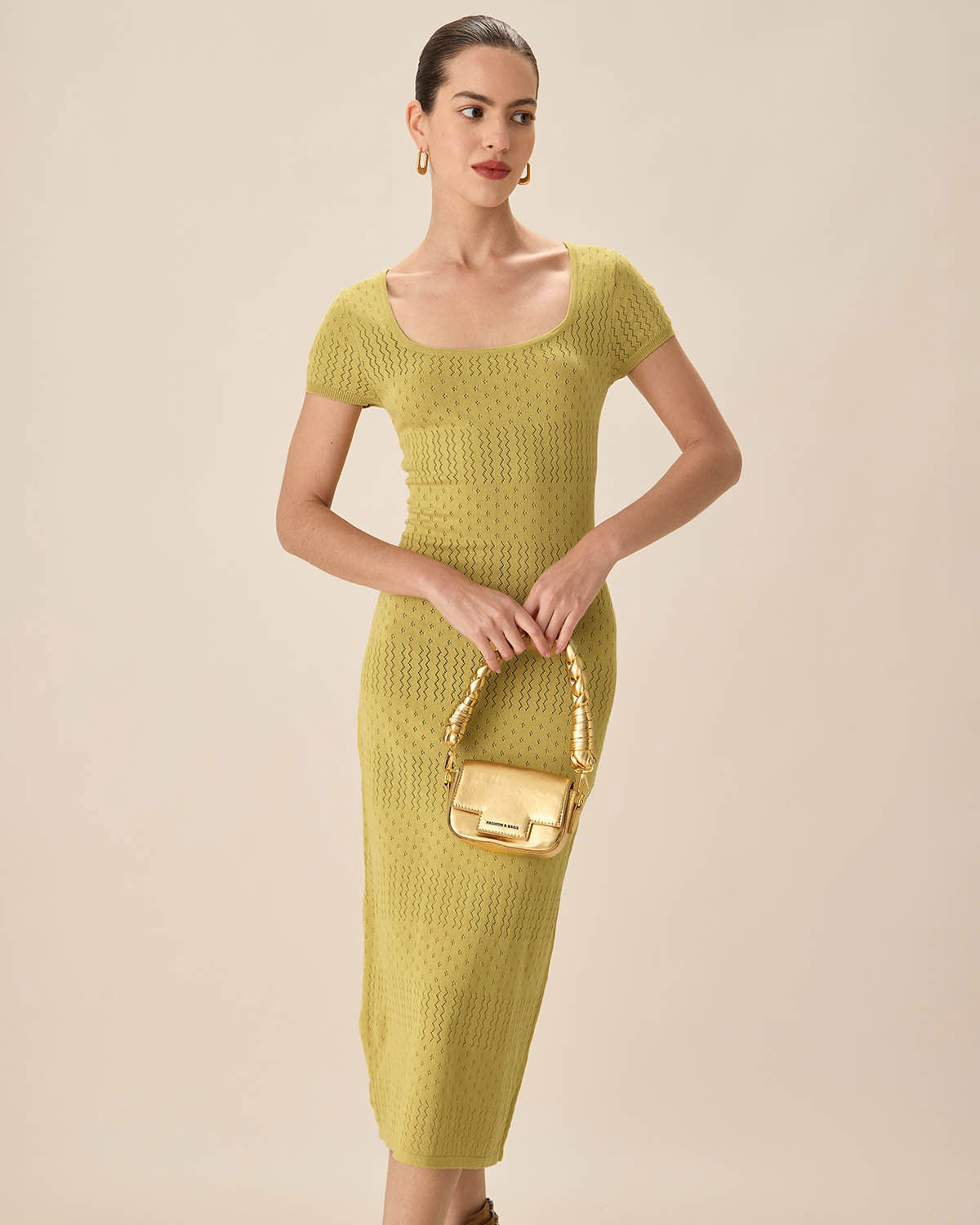Belltoile™ Yeşil Kare Yaka Bodycon Midi Elbise