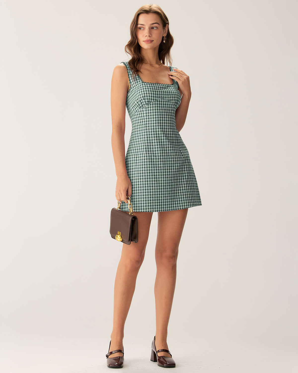 Belltoile Yeşil Ekose Kare Yaka Slip Mini Elbise