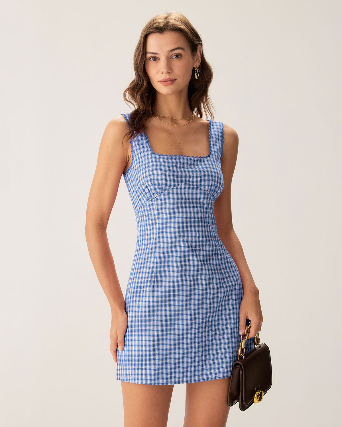 Belltoile™ Mavi Ekose Kare Yaka Slip Mini Elbise