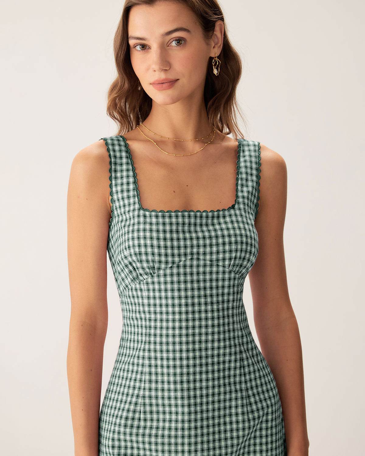 Belltoile Yeşil Ekose Kare Yaka Slip Mini Elbise