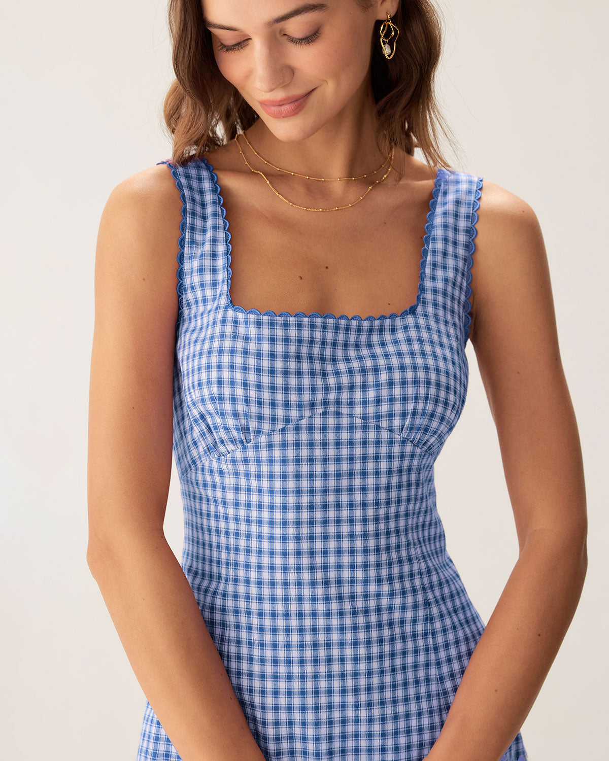 Belltoile™ Mavi Ekose Kare Yaka Slip Mini Elbise