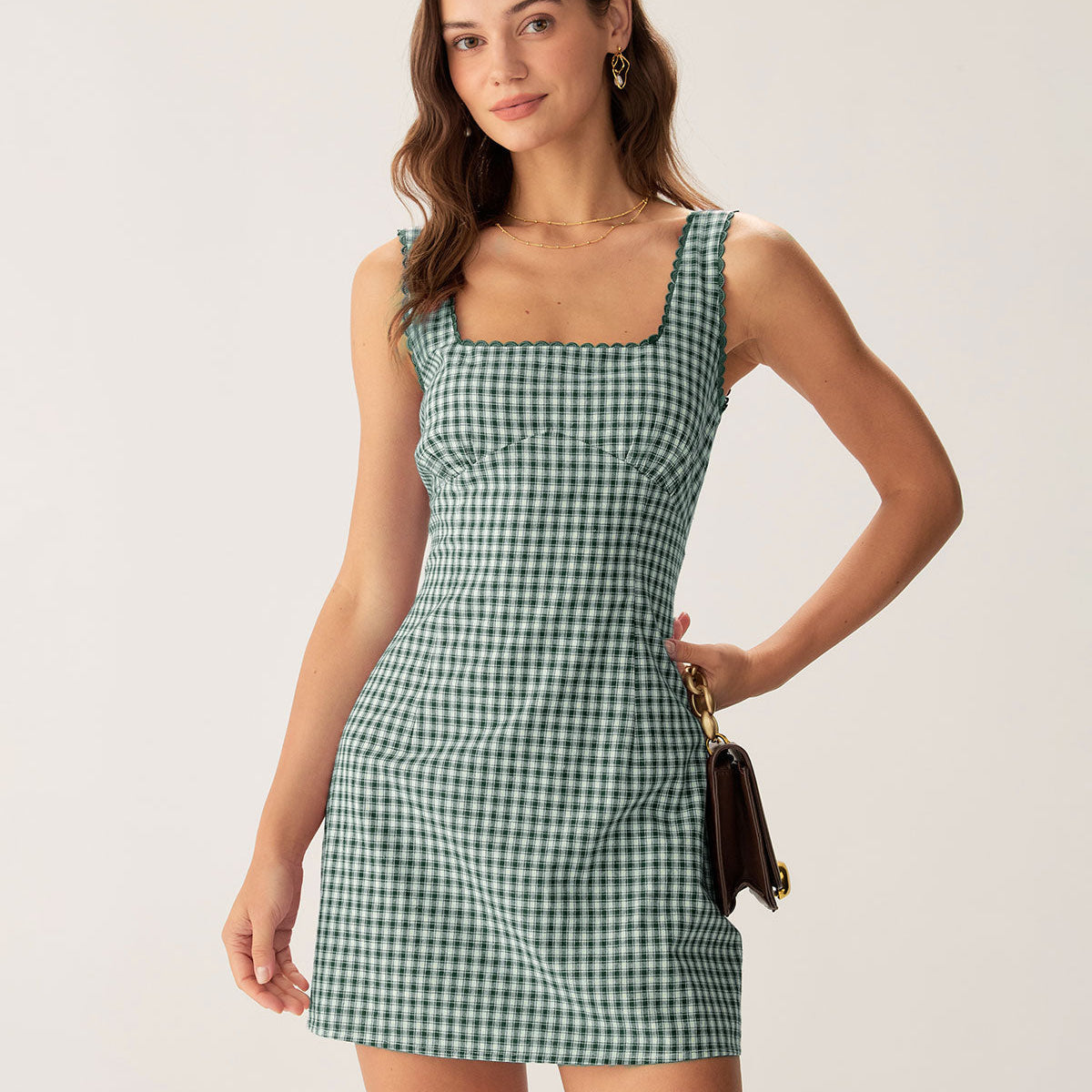 Belltoile Yeşil Ekose Kare Yaka Slip Mini Elbise