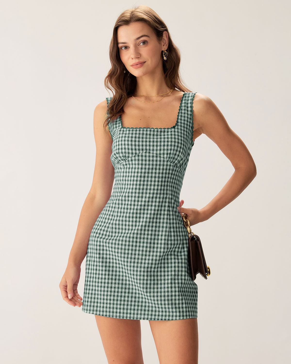 Belltoile Yeşil Ekose Kare Yaka Slip Mini Elbise
