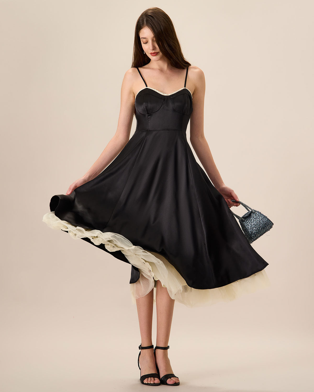 Belltoile™ Kadın Siyah Ekleme Saten Slip Midi Elbise