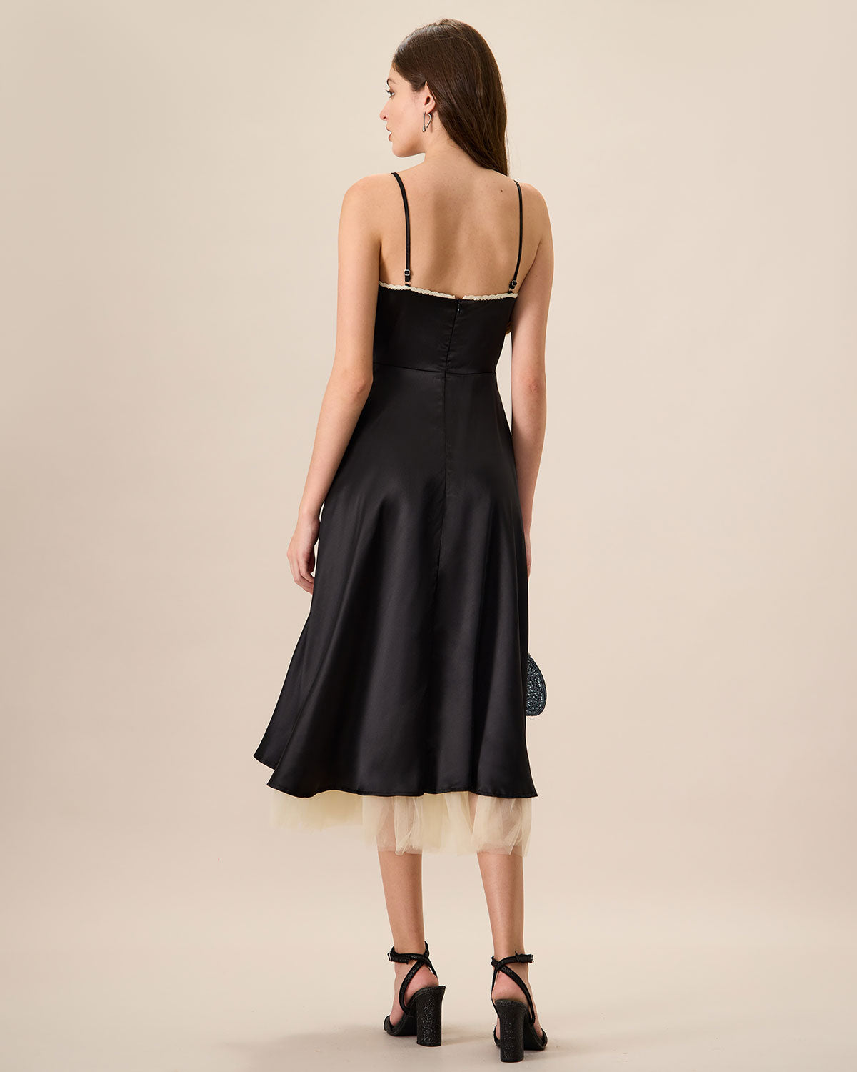 Belltoile™ Kadın Siyah Ekleme Saten Slip Midi Elbise