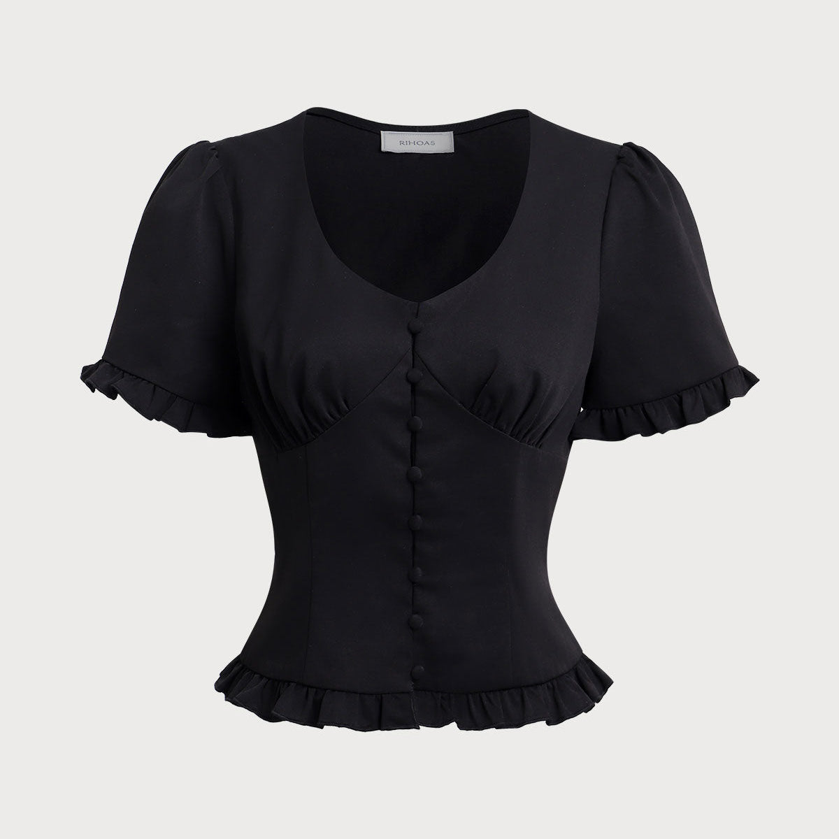 Belltoile™ Siyah V Yaka Fırfırlı Kolları Kabarık Bluz