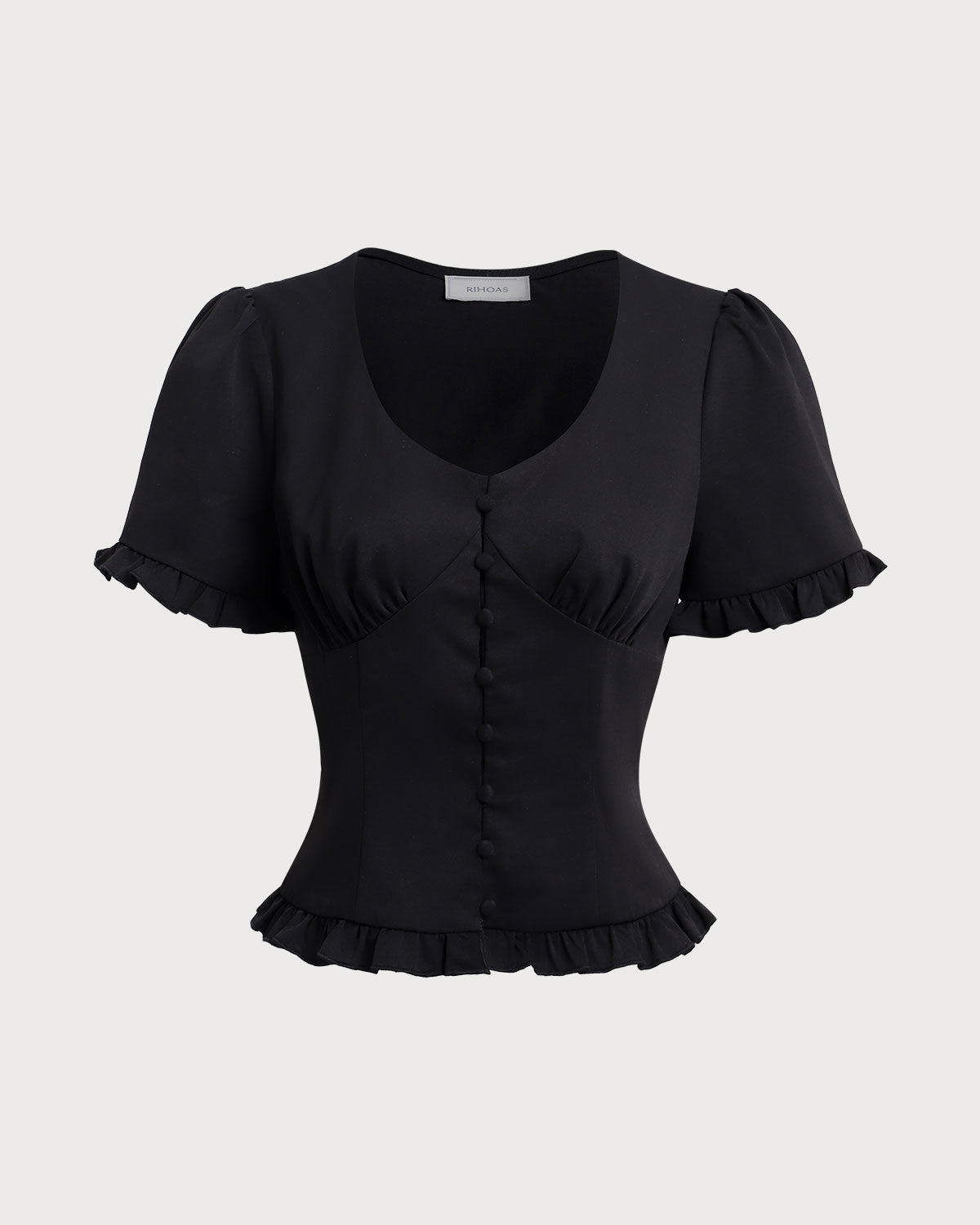 Belltoile™ Siyah V Yaka Fırfırlı Kolları Kabarık Bluz