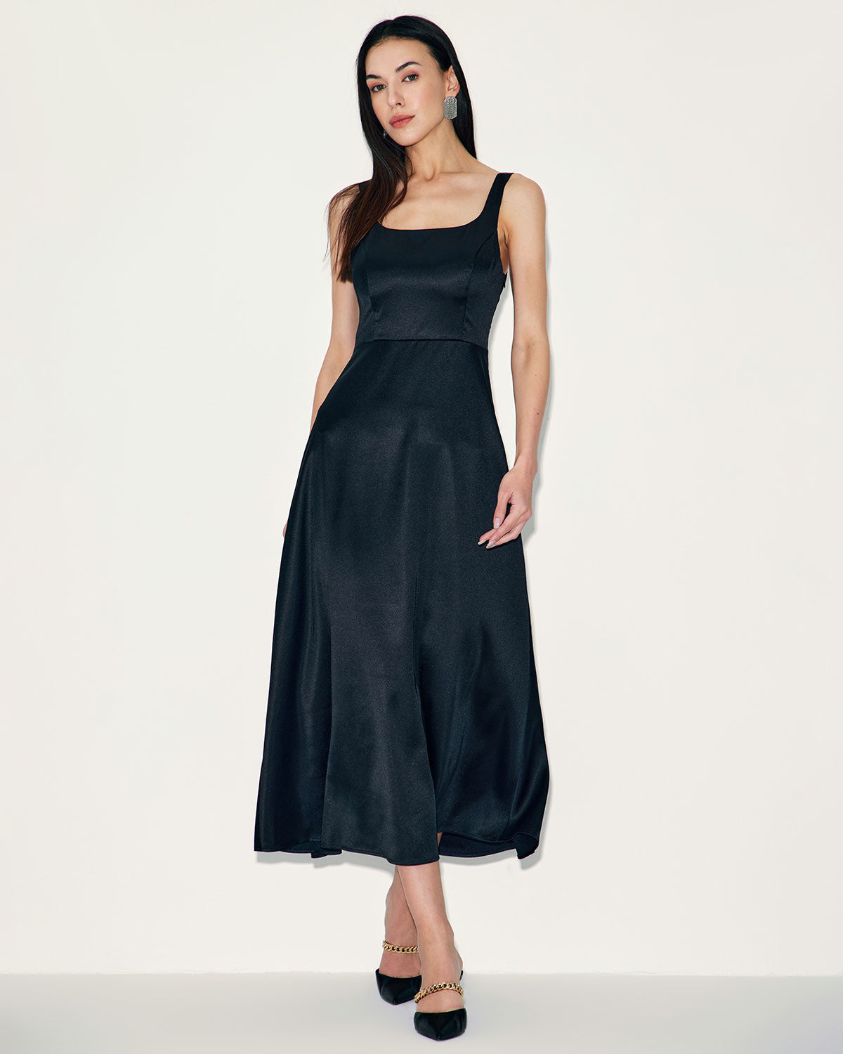 Belltoile Siyah Saten A Kesim Slip Maxi Elbise