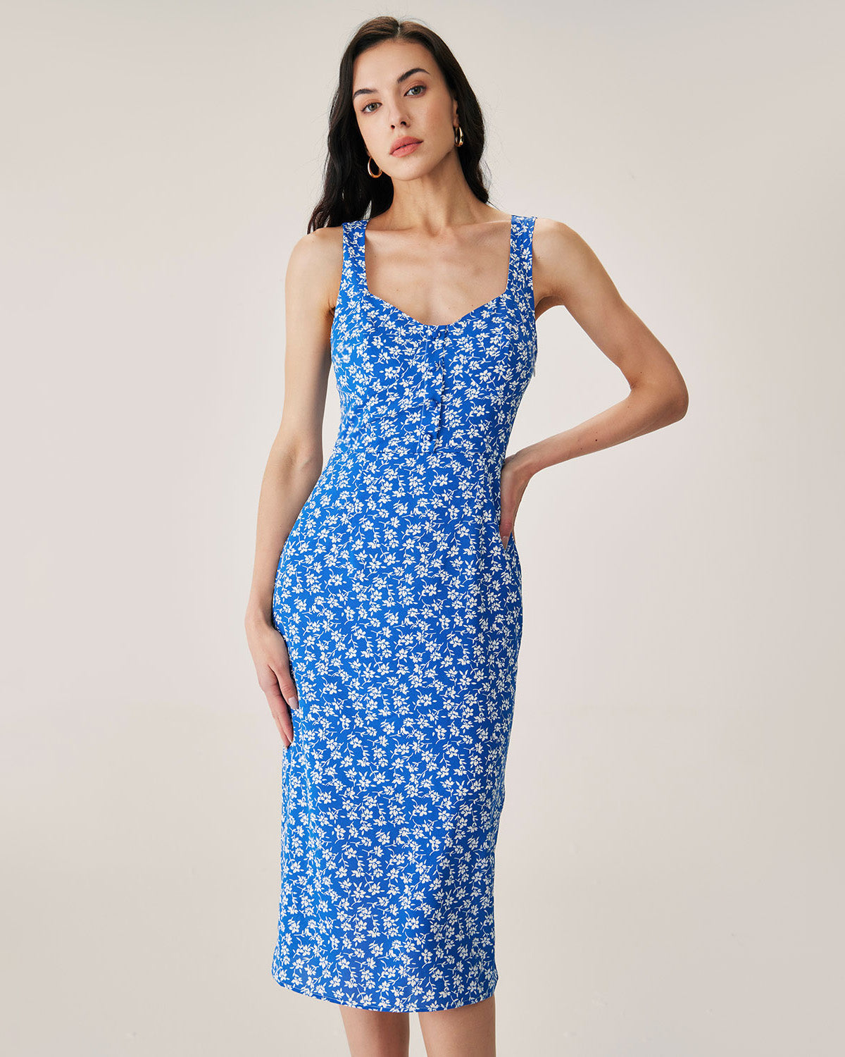 Belltoile™ Mavi Çiçekli Yırtmaçlı Slip Midi Elbise