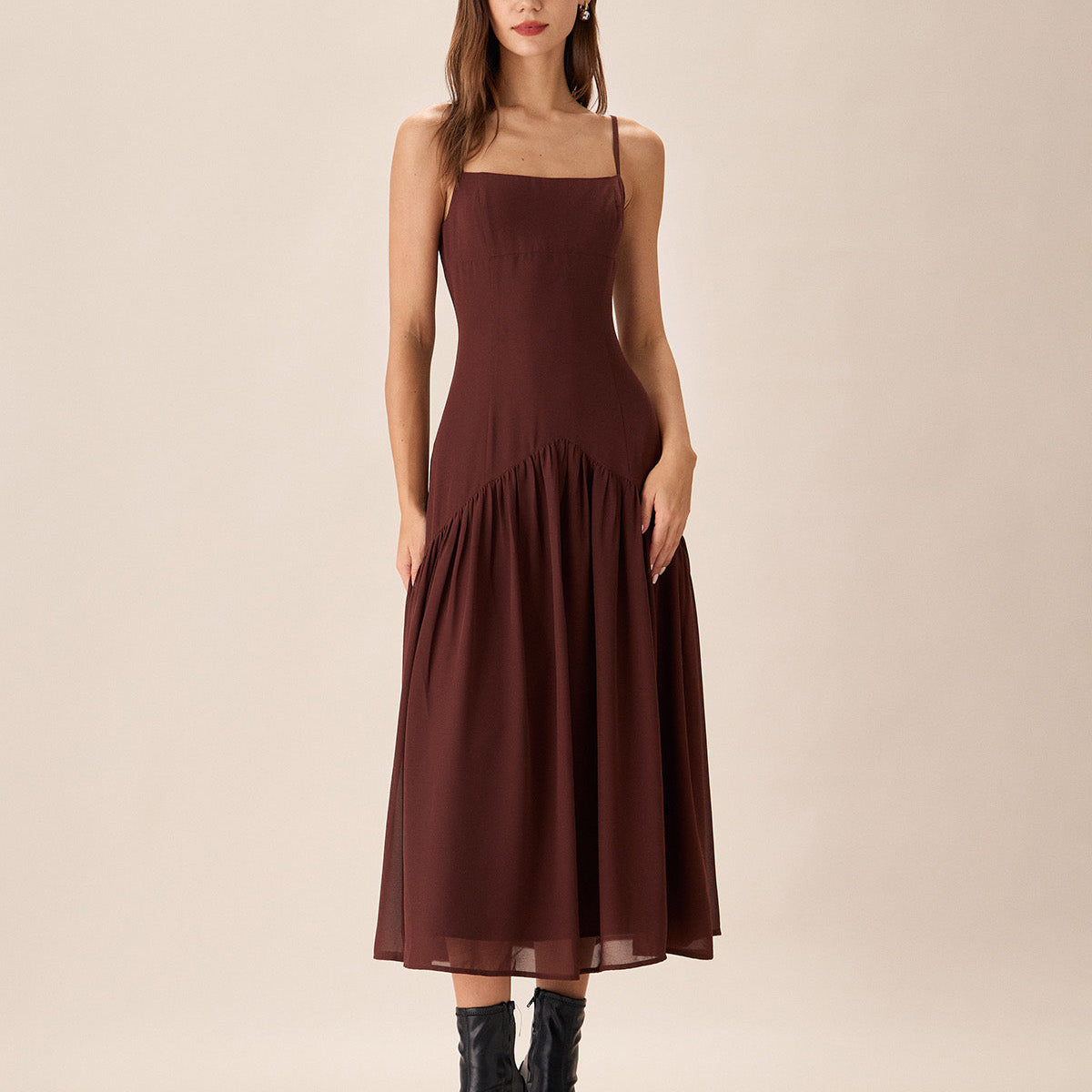 Belltoile Kahverengi Şifon Dantelli Slip Midi Elbise