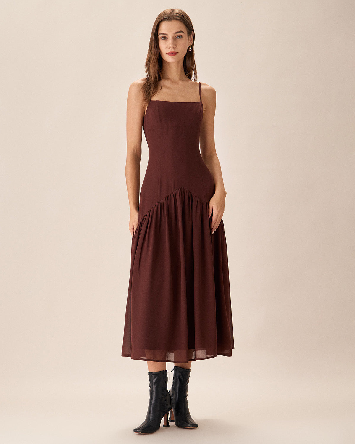 Belltoile Kahverengi Şifon Dantelli Slip Midi Elbise