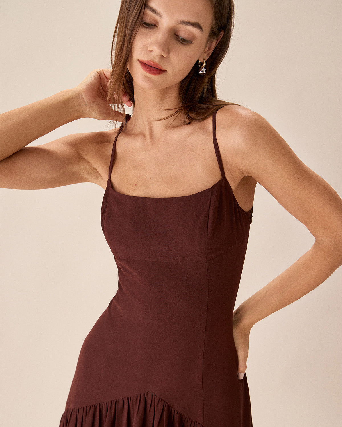 Belltoile Kahverengi Şifon Dantelli Slip Midi Elbise