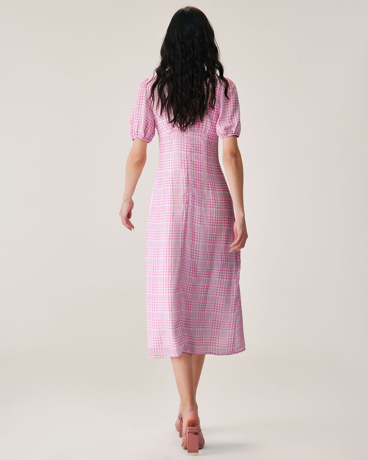 Belltoile™ Pembe Ekose V Yaka Midi Elbise