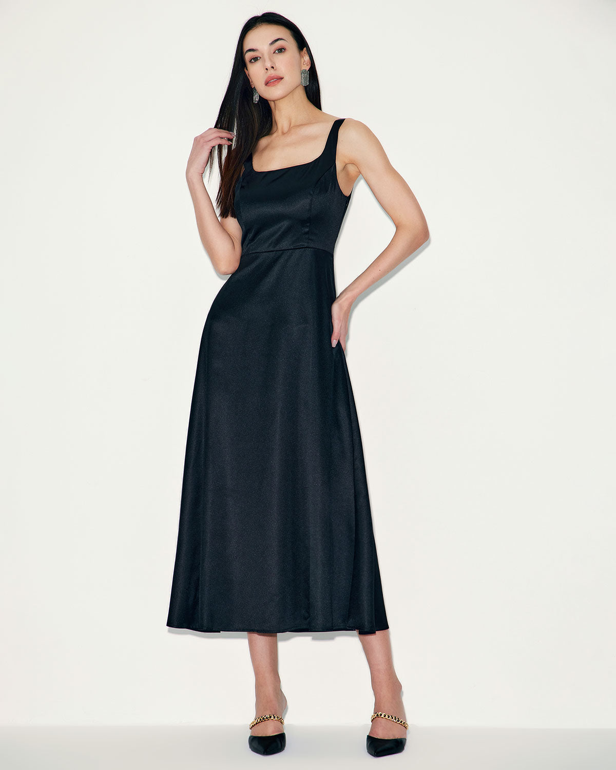 Belltoile Siyah Saten A Kesim Slip Maxi Elbise